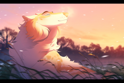 Size: 1800x1207 | Tagged: safe, artist:nightrizer, oc, oc only, oc:repose, canine, mammal, wolf, feral, 2019, blurred background, commission, eyes closed, female, field, fluff, forest, grass, lying down, signature, solo, solo female, tree
