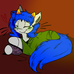 Size: 448x448 | Tagged: safe, artist:ricardanilevs, nepeta (homestuck), cat, feline, fictional species, mammal, troll (homestuck), feral, homestuck, 2020, blushing, catified, clothes, eyes closed, female, feralized, heart, horns, low res, nepeta leijon (homestuck), smiling, solo, solo female, species swap, tail, yarn ball