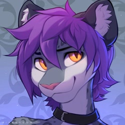 Size: 2048x2048 | Tagged: safe, artist:sirendoom, oc, oc only, oc:kerian, feline, mammal, snow leopard, anthro, 1:1, abstract background, amber eyes, bust, collar, ear fluff, fluff, high res, male, portrait, slit pupils, smiling, solo, solo male