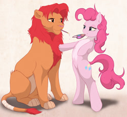 Size: 950x871 | Tagged: safe, artist:z-lion, part of a set, pinkie pie (mlp), oc, oc:leon, big cat, earth pony, equine, feline, fictional species, lion, mammal, pony, feral, friendship is magic, hasbro, my little pony, 2014, belly button, bipedal, blue eyes, brown eyes, chest fluff, countershading, duo, eyelashes, female, fluff, hair, holding, hooves, leonine tail, looking at each other, male, mane, mare, mouth hold, paint, paintbrush, painting, palette, simple background, sitting, tail, tail wrap, tail wraps, white background, wraps