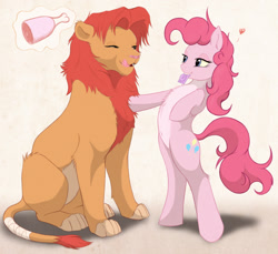 Size: 950x871 | Tagged: suggestive, artist:z-lion, part of a set, pinkie pie (mlp), oc, oc:leon, big cat, earth pony, equine, feline, fictional species, lion, mammal, pony, feral, friendship is magic, hasbro, my little pony, 2014, belly button, blue eyes, brown eyes, carnivore, condom, condom in mouth, duo, eyelashes, female, food chain, hair, heart, holding, hooves, leonine tail, licking lips, looking at each other, male, mane, mare, mouth hold, predator, prey, scientifically accurate, simple background, sitting, tail, tail wrap, tail wraps, the circle of life, tongue, tongue out, white background, wraps