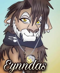 Size: 1080x1316 | Tagged: dead source, safe, artist:arcticangel_kinz, oc, oc only, oc:eynndas (arcticangel_kinz), big cat, feline, lion, mammal, feral, abstract background, brown hair, bust, chest fluff, colored pupils, ears, english text, floppy ears, fluff, hair, head fluff, jewelry, male, mane, necklace, pendant, solo, solo male, style emulation, text, yellow eyes