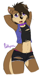 Size: 1272x2326 | Tagged: safe, artist:punkpega, oc, oc only, oc:ozzy, mammal, mustelid, otter, anthro, 2017, bottomwear, bulge, buttons, clothes, collar, crop top, femboy, male, midriff, phone, pin, purple eyes, short shorts, shorts, signature, simple background, solo, solo male, tail, topwear, torn clothes, underwear, whiskers, white background
