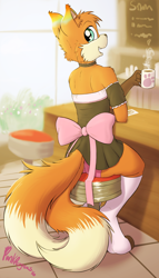 Size: 1800x3152 | Tagged: safe, artist:punkpega, oc, oc only, oc:shadow the kitsune, canine, fox, mammal, red fox, anthro, digitigrade anthro, 2016, blue eyes, bottomwear, café, clothes, coffee, crossdressing, femboy, fluff, fluffy, fluffy tail, high res, knee highs, leg warmers, legwear, looking back, maid outfit, male, multiple tails, panties, phone, skirt, solo, solo male, tail, two tails, underwear, upskirt