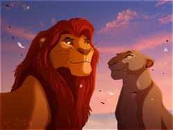 Size: 1200x900 | Tagged: safe, artist:x-zelfa, mufasa (the lion king), sarabi (the lion king), big cat, feline, lion, mammal, feral, disney, the lion king, 2014, cloud, colored sclera, duo, duo male and female, female, feral/feral, hair, male, male/female, mane, on model, red eyes, shipping, sky, smiling