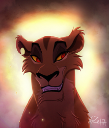 Size: 771x900 | Tagged: safe, artist:x-zelfa, zira (the lion king), big cat, feline, lion, mammal, feral, disney, the lion king, 2016, bust, cheek fluff, colored sclera, digital art, female, fluff, front view, fur, lioness, red eyes, signature, smiling, solo, solo female, yellow sclera