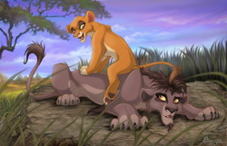 Size: 1241x797 | Tagged: safe, artist:omegalioness, nuka (the lion king), vitani (the lion king), big cat, feline, lion, mammal, feral, disney, the lion king, 2007, brother and sister, brown eyes, claws, cloud, digital art, duo, female, grass, leonine tail, lioness, lying down, male, open mouth, outdoors, paws, purple eyes, siblings, sitting, sky, tail, tree, whiskers