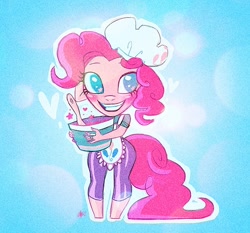 Size: 600x560 | Tagged: dead source, safe, artist:asieybarbie, pinkie pie (mlp), earth pony, equine, fictional species, mammal, pony, anthro, unguligrade anthro, friendship is magic, hasbro, my little pony, anthrofied, apron, baking, chef's hat, chibi, clothes, female, grin, hooves, mare, smiling, solo, solo female, tail, wingding eyes