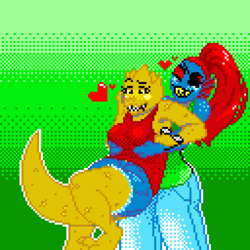 Size: 500x500 | Tagged: safe, artist:coffee, alphys (undertale), undyne (undertale), fish, lizard, piranha, reptile, anthro, undertale, 2019, bottomwear, clothes, duo, eyepatch, female, female/female, heart, jeans, low res, pants, pixel art, shorts, smiling, tail, watch