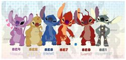 Size: 2400x1146 | Tagged: safe, artist:lullaby of the lost, angel (lilo & stitch), chopsuey (lilo & stitch), experiment 627 (lilo & stitch), leroy (lilo & stitch), reuben (lilo & stitch), stitch (lilo & stitch), alien, experiment (lilo & stitch), fictional species, semi-anthro, disney, lilo & stitch, 2018, 4 fingers, 4 toes, black claws, black eyes, blue claws, character name, claws, constructed language, experiment pod, fictional language, fur, green fur, group, hair, hand on hip, heart, male, mohawk, one eye closed, red fur, tantalog text, text, toe claws, winking, yellow fur