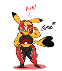 Size: 2000x2300 | Tagged: safe, artist:joaoppereiraus, oc, oc only, oc:kanna, fictional species, mammal, pikachu, anthro, nintendo, pokémon, 2019, clothes, female, flexing, high res, phone, pikachu libre, solo, solo female, tail