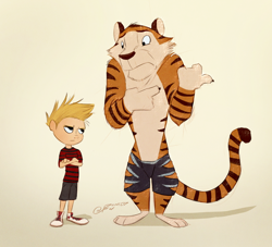 Size: 2716x2466 | Tagged: safe, artist:pointedfox, calvin (calvin and hobbes), hobbes (calvin and hobbes), big cat, feline, human, mammal, tiger, anthro, calvin and hobbes, 2018, black eyes, bottomwear, clothes, crossed arms, duo, duo male, film grain, high res, male, males only, shorts, simple background, tail, white background