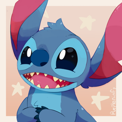 Size: 700x700 | Tagged: safe, artist:purpleninfy, stitch (lilo & stitch), alien, experiment (lilo & stitch), fictional species, feral, disney, lilo & stitch, 1:1, 2018, 2d, abstract background, blue body, blue fur, blue nose, claws, digital art, ears, fur, long ears, male, open mouth, open smile, signature, smiling, solo, solo male, teeth, torn ear