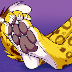 Size: 607x607 | Tagged: safe, artist:ailuranthropy, oc, oc only, oc:therris, amur leopard, big cat, feline, leopard, mammal, anthro, 1:1, 2016, ambiguous gender, claws, foot focus, paw focus, paw pads, paws, signature, solo, solo ambiguous, tail, underpaw