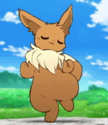 Size: 690x800 | Tagged: safe, artist:cco00oo, artist:zaush, eevee, fictional species, mammal, feral, semi-anthro, nintendo, pokémon, 2019, 2d, 2d animation, ambiguous gender, animated, bipedal, brown eyes, cute, dancing, dipstick tail, frame by frame, happy, neck tuft, no sound, outdoors, paw pads, paws, smooth as butter, solo, solo ambiguous, tail, underpaw, webm