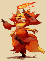Size: 1177x1568 | Tagged: safe, artist:suikuzu, delphox, fictional species, mammal, anthro, nintendo, pokémon, 2014, ambiguous gender, angry, cheek fluff, claws, fangs, fire, fluff, frowning, holding, looking at something, open mouth, paw pads, paws, raised leg, red eyes, signature, simple background, solo, solo ambiguous, standing, starter pokémon, tail, twig, underpaw