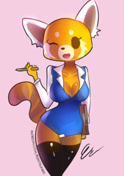 Size: 764x1080 | Tagged: safe, artist:miiyauwu, retsuko (aggretsuko), mammal, red panda, anthro, aggretsuko, sanrio, 2016, breasts, brown eyes, clipboard, clothes, female, one eye closed, pen, ringtail, simple background, solo, solo female, tail, winking