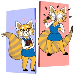 Size: 1080x1080 | Tagged: dead source, safe, artist:theaccordionbus, retsuko (aggretsuko), mammal, red panda, anthro, digitigrade anthro, aggretsuko, sanrio, 1:1, abstract background, angry, clothes, duality, duo, female, glowing, glowing eyes, microphone, open mouth, ringtail, smiling, tail