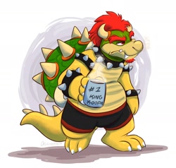 Size: 1868x1780 | Tagged: safe, artist:orlandofox, bowser (mario), fictional species, koopa, anthro, mario (series), nintendo, 2019, boxers, claw hold, claws, clothes, coffee mug, digital art, facial hair, fangs, holding, horns, male, red eyes, shell, simple background, solo, solo male, spiked choker, spiked wristband, tail, underwear, white background, wristband, yellow belly
