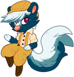 Size: 771x800 | Tagged: safe, artist:crownedvictory, kicks (animal crossing), mammal, skunk, anthro, animal crossing, nintendo, 2019, 2d, blue fur, clothes, digital art, double outline, fur, hat, male, overalls, purple eyes, simple background, solo, solo male, tail, transparent background, white fur