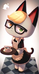 Size: 950x1797 | Tagged: safe, artist:hizake, raymond (animal crossing), cat, feline, mammal, siamese, anthro, animal crossing, animal crossing: new horizons, nintendo, 2020, :<, clothes, coffee mug, crossdressing, digital art, femboy, frowning, glasses, heterochromia, index get, lidded eyes, looking at you, maid outfit, male, solo, solo male, standing, tail