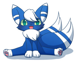 Size: 1100x900 | Tagged: safe, artist:japanese meowstic, cat, feline, fictional species, mammal, meowstic, feral, nintendo, pokémon, 2014, blushing, colored sclera, digital art, happy, male, multiple tails, open mouth, paw pads, paws, simple background, sitting, solo, solo male, tail, teal eyes, two tails, underpaw, white background