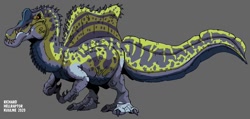 Size: 1024x487 | Tagged: safe, artist:hellraptorstudios, dinosaur, spinosaurus, theropod, feral, 2020, ambiguous gender, claws, digital art, fangs, gray background, orange eyes, simple background, solo, solo ambiguous, standing, tail