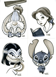 Size: 520x720 | Tagged: safe, artist:james silvani, belle (beauty and the beast), magica de spell (disney), roger rabbit (roger rabbit), stitch (lilo & stitch), alien, bird, duck, experiment (lilo & stitch), fictional species, human, lagomorph, mammal, rabbit, waterfowl, anthro, semi-anthro, beauty and the beast, disney, ducktales, ducktales (1987), lilo & stitch, who framed roger rabbit, 2011, book, bow tie, clothes, crossover, female, grin, group, lilo and stitch, looking up