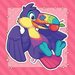 Size: 800x800 | Tagged: safe, artist:neonslushie, bird, keel-billed toucan, toucan, feral, 2019, abstract background, ambiguous gender, beak, black eyes, color porn, digital art, happy, open beak, plushie, solo, solo ambiguous, tail, tush tag, watermark