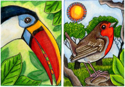 Size: 500x346 | Tagged: safe, artist:lemurkat, bird, european robin, red-billed toucan, robin, songbird, toucan, feral, 2009, ambiguous gender, beak, black eyes, duo, low res, open beak, sky, sun, tail, traditional art, tree