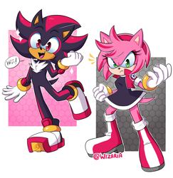 Size: 2164x2225 | Tagged: safe, artist:wizaria, amy rose (sonic), shadow the hedgehog (sonic), hedgehog, mammal, anthro, sega, sonic the hedgehog (series), 2020, angry, boots, clothes, digital art, dress, duo, duo male and female, female, gloves, green eyes, happy, headband, high res, jacket, male, personality swap, phone, quills, red eyes, shoes, short tail, signature, simple background, sneakers, tail, topwear, white background