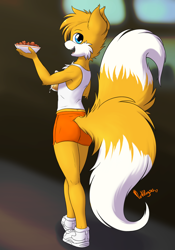 Size: 2000x2857 | Tagged: safe, artist:punkpega, miles "tails" prower (sonic), canine, fox, mammal, red fox, vulpine, anthro, hooters, sega, sonic the hedgehog (series), 2017, alcohol, beer, blue eyes, bottomwear, butt, chicken wings, clothes, dipstick tail, drink, femboy, femboy hooters, fluff, high res, male, multiple tails, orange tail, phone, shorts, solo, solo male, tail, tail fluff, tank top, topwear, two tails, white tail, yellow fur