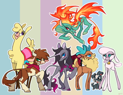 Size: 2174x1688 | Tagged: safe, artist:xenon, arizona cow (tfh), oleander (tfh), paprika paca (tfh), pom lamb (tfh), tianhuo (tfh), velvet reindeer (tfh), alpaca, bovid, canine, caprine, cervid, classical unicorn, cow, deer, dog, dragon, eastern dragon, equine, fictional species, lamb, longma, mammal, pony, reindeer, reptile, sheep, unicorn, feral, them's fightin' herds, 2018, abstract background, bell, bell collar, black eyes, blue eyes, camelid, cloven hooves, collar, colored hooves, colored pupils, cyan eyes, digital art, eyelashes, female, fiery wings, fightin' six, flying, forked tongue, green eyes, group, hooves, horn, leonine tail, looking at you, mane of fire, mare, puppy, purple eyes, red eyes, simple background, slit pupils, smiling, spiral horn, tail, tongue, tongue out, underhoof, wings, young