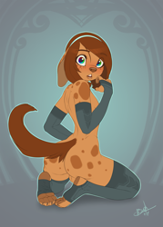Size: 1463x2048 | Tagged: suggestive, artist:bonk, oc, oc:marty (onta), canine, dog, mammal, anthro, plantigrade anthro, abstract background, arm warmer, arm warmers, balls, blushing, butt, claws, clothes, eye clipping through hair, eye through hair, femboy, floppy ears, gloves, kneeling, leg warmers, legwear, looking at you, male, nudity, phone, rainbow eyes, rear view, simple background, socks, soles, solo, solo male, tail, thigh highs, three-quarter view, toeless legwear