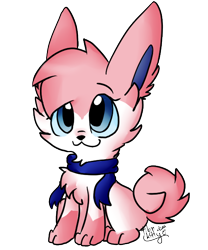 Size: 500x600 | Tagged: species needed, safe, artist:mintygumball, mammal, feral, 2014, abstract background, ambiguous gender, big ears, blue eyes, blue sclera, clothes, colored sclera, curled tail, cute, ears, fluff, fur, paws, pink body, pink fur, scarf, simple background, sitting, solo, solo ambiguous, tail, transparent background