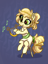 Size: 3000x4000 | Tagged: safe, artist:lilfunkman, oc, oc only, oc:greek chorus, earth pony, equine, fictional species, mammal, pony, feral, friendship is magic, hasbro, my little pony, clothes, commission, female, green eyes, high res, lyre, musical note, phone, sitting, smiling, solo, solo female, stool, tail