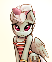 Size: 1496x1772 | Tagged: safe, artist:jetwave, fleetfoot (mlp), equine, fictional species, mammal, pegasus, pony, semi-anthro, friendship is magic, hasbro, my little pony, 2019, 2d, bracelet, chest fluff, clothes, feathered wings, feathers, female, fluff, glasses, glasses on head, jewelry, magenta eyes, mare, phone, simple background, smiling, solo, solo female, sunglasses, swimsuit, tail, white background, wings