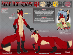Size: 1280x969 | Tagged: safe, artist:etuix, oc, oc only, oc:scar darkpaw, oc:scarlet darkpaw, canine, fox, mammal, red fox, anthro, digitigrade anthro, feral, 2013, abstract background, animal genitalia, belly button, breasts, claws, duo, english text, eye clipping through hair, eye through hair, featureless crotch, female, fluff, fluffy, fluffy tail, front view, fur, hair, hand on hip, male, nudity, paw pads, paws, raised leg, reference sheet, scar, sheath, sheathed, side view, tail, text, yellow eyes