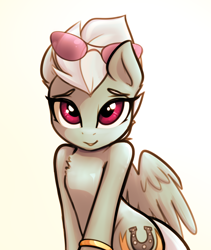 Size: 1496x1772 | Tagged: safe, alternate version, artist:jetwave, fleetfoot (mlp), equine, fictional species, mammal, pegasus, pony, feral, friendship is magic, hasbro, my little pony, 2019, 2d, bracelet, chest fluff, clothes, feathered wings, feathers, female, fluff, glasses, glasses on head, jewelry, magenta eyes, phone, simple background, smiling, solo, solo female, sunglasses, tail, white background, wings