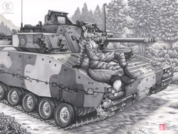 Size: 1000x751 | Tagged: safe, artist:kacey, oc, oc only, oc:scarlet darkpaw, canine, fox, mammal, anthro, plantigrade anthro, 2013, armored vehicles, breasts, cannon, clothes, female, grayscale, gun, hat, infantry fighting vehicle, military, monochrome, outdoors, shoes, sideboob, signature, solo, solo female, tail, tracks, traditional art, tree, uniform, vehicle, watermark, weapon