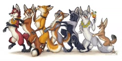 Size: 1280x638 | Tagged: safe, artist:tanidareal, canine, fennec fox, fox, gray fox, mammal, red fox, feral, semi-anthro, 2013, 2d, amber eyes, ambiguous gender, belly fluff, big ears, bipedal, black body, black collar, black fur, blue eyes, brown body, brown fur, chest fluff, claws, closed mouth, closed smile, collar, collar only, complete nudity, conga line, countershading, cute, dipstick tail, drink, drinking, ear fluff, ears, eyes closed, fluff, fur, gray body, gray fur, group, happy, head fluff, hips, long ears, long tail, multicolored body, multicolored fur, multicolored tail, nudity, open mouth, open smile, orange body, orange fur, paw pads, paws, pointy ears, red body, red fur, signature, simple background, size difference, smiling, socks (leg marking), straw, tail, tail fluff, teeth, thigh fluff, thighs, traditional art, underpaw, white background, white body, white fur