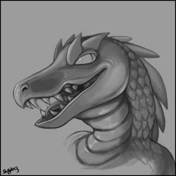 Size: 1200x1200 | Tagged: species needed, safe, artist:slug, oc, oc only, oc:sliss (malkavianpranks), reptile, anthro, 1:1, 2013, bust, grayscale, looking sideways, male, monochrome, nostrils, open mouth, portrait, scales, sharp teeth, side view, signature, solo, solo male, teeth