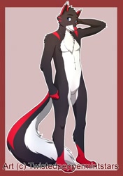 Size: 902x1280 | Tagged: safe, artist:twistedpeppermintstars, oc, oc only, oc:arco (zues2k), canine, mammal, wolf, anthro, 2016, barbie doll anatomy, blue eyes, chest fluff, featureless crotch, fluff, fluffy, fluffy tail, hand behind head, long tail, looking at you, male, paws, signature, solo, solo male, tail, watermark
