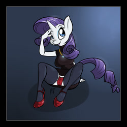 Size: 1010x1010 | Tagged: suggestive, artist:siroc, rarity (mlp), equine, fictional species, mammal, pony, unicorn, anthro, plantigrade anthro, friendship is magic, hasbro, my little pony, 1:1, 2014, anthrofied, bottomwear, breasts, cameltoe, clothes, dress, female, frilly underwear, high heels, horn, legwear, lipstick, makeup, panties, shoes, skirt, smiling, solo, solo female, stockings, tail, underwear, upskirt