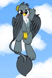 Size: 2529x3764 | Tagged: safe, artist:itsmeelement, gabby (mlp), bird, feline, fictional species, gryphon, mammal, feral, friendship is magic, hasbro, my little pony, 2019, arm behind head, bird feet, blushing, cloud, feathered wings, feathers, female, flying, high res, looking at you, paws, phone, sky, solo, solo female, tail, wings