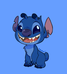 Size: 437x479 | Tagged: safe, artist:angoraram, stitch (lilo & stitch), alien, experiment (lilo & stitch), fictional species, semi-anthro, disney, lilo & stitch, 2018, antennae, baby, big head, blue background, blue claws, blue eyes, blue fur, blue nose, chest fluff, claws, cute, dipstick antennae, ears, fluff, fur, happy, head fluff, low res, male, open mouth, open smile, short tail, signature, simple background, smiling, solo, solo male, standing, tail, torn ear, young, younger