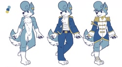 Size: 1280x706 | Tagged: species needed, safe, artist:benju, oc, oc only, oc:brush (benju), mammal, anthro, plantigrade anthro, 2016, belt, blue eyes, bottomwear, chest fluff, clothes, ear piercing, earring, featureless crotch, fluff, male, nudity, pants, paw pads, paws, piercing, reference sheet, simple background, solo, solo male, tail, white background