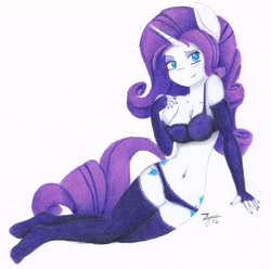 Size: 1960x1942 | Tagged: suggestive, artist:zyncrus, rarity (mlp), equine, fictional species, mammal, pony, unicorn, anthro, plantigrade anthro, friendship is magic, hasbro, my little pony, 2014, anthrofied, belly button, blushing, bra, breasts, cleavage, clothes, evening gloves, eyeshadow, female, fingerless elbow gloves, fingerless gloves, frilly underwear, gloves, horn, legwear, lingerie, long gloves, looking at you, makeup, nail polish, panties, simple background, smiling, solo, solo female, tail, thigh highs, traditional art, underwear, white background