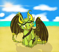 Size: 1668x1474 | Tagged: dead source, safe, artist:ag-poni, oc, oc only, oc:daravalia, dragon, fictional species, furred dragon, feral, adventurer, bag, beach, blushing, body markings, claws, cloud, cute, female, fur, goggles, horns, knife, looking at you, ocean, outdoors, sand, slit pupils, solo, solo female, sun, tail, tongue, tongue out, water, weapon, webbed wings, wings, yellow eyes