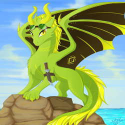 Size: 3200x3200 | Tagged: safe, artist:wolfypon, oc, oc only, oc:daravalia, dragon, fictional species, furred dragon, feral, 2019, adventurer, bag, beach, blue sky, body markings, chest fluff, claws, cloud, female, fluff, fur, goggles, high res, horns, knife, ocean, outdoors, signature, slit pupils, smiling, smirk, solo, solo female, standing, tail, tropical, water, weapon, webbed wings, wings, yellow eyes